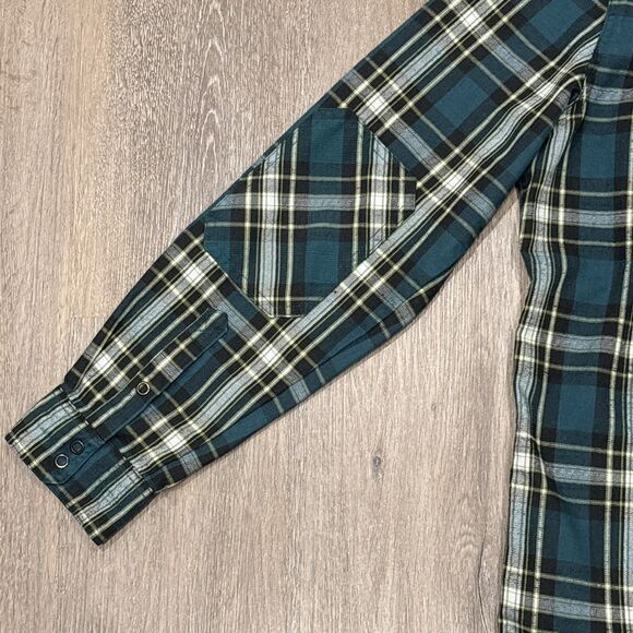 L.L. Bean Shirt Mens Large Green Plaid Snap Wool Blend Elbow Patch Western - Picture 8 of 12